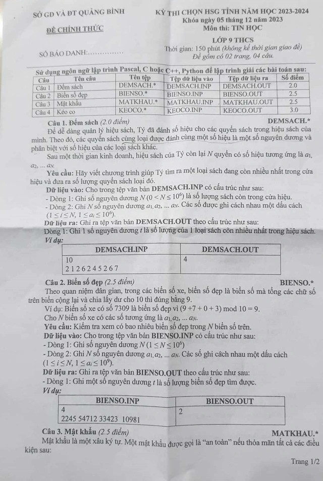 Đề thi Học sinh Giỏi môn Tin học lớp 9 của tỉnh Quảng Bình. Đề thi Học sinh Giỏi môn Tin học lớp 9 của tỉnh Quảng Bình.