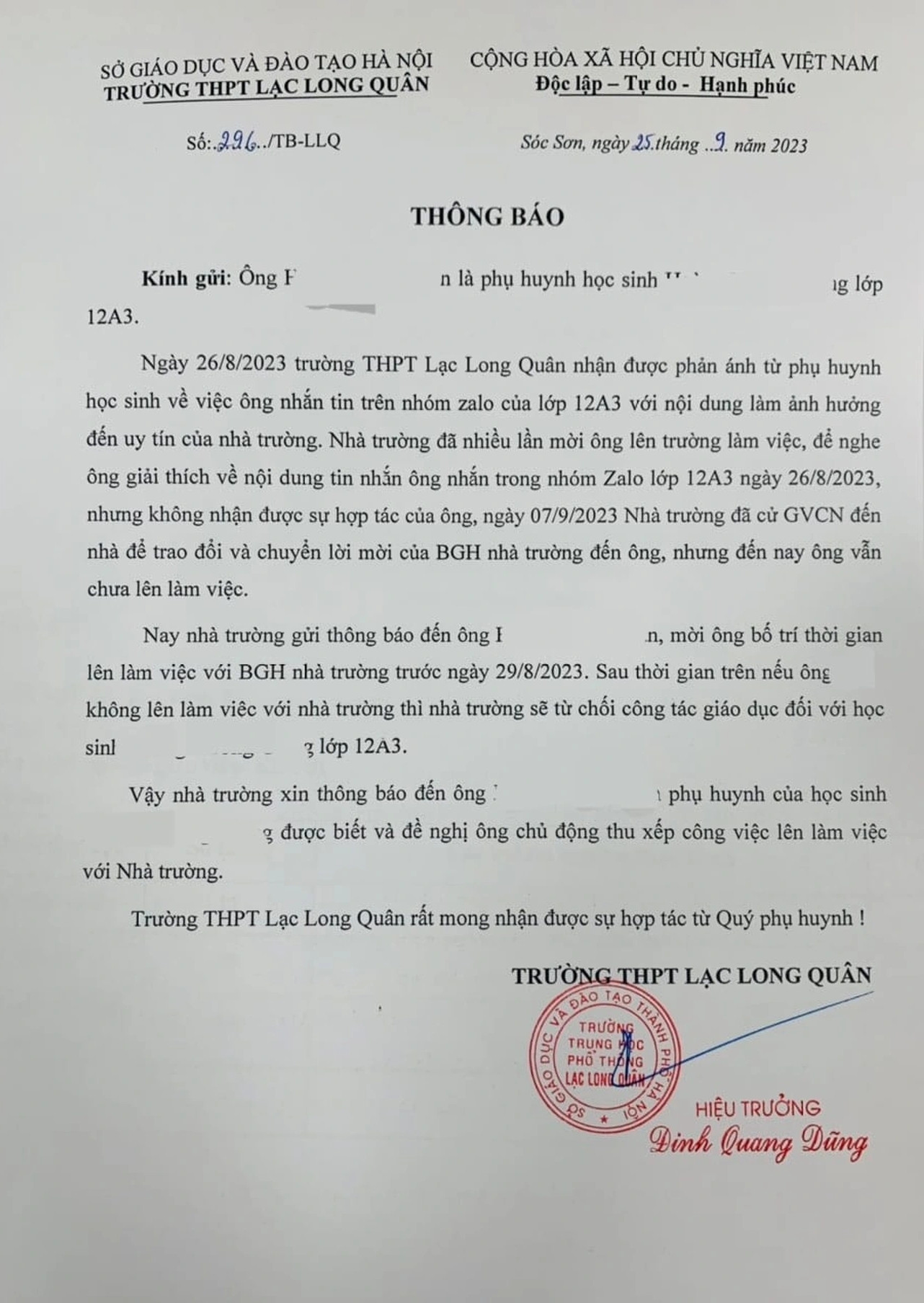 Văn bản thông báo gửi phụ huynh của Trường THPT Lạc Long Quân, Hà Nội. Văn bản thông báo gửi phụ huynh của Trường THPT Lạc Long Quân, Hà Nội.