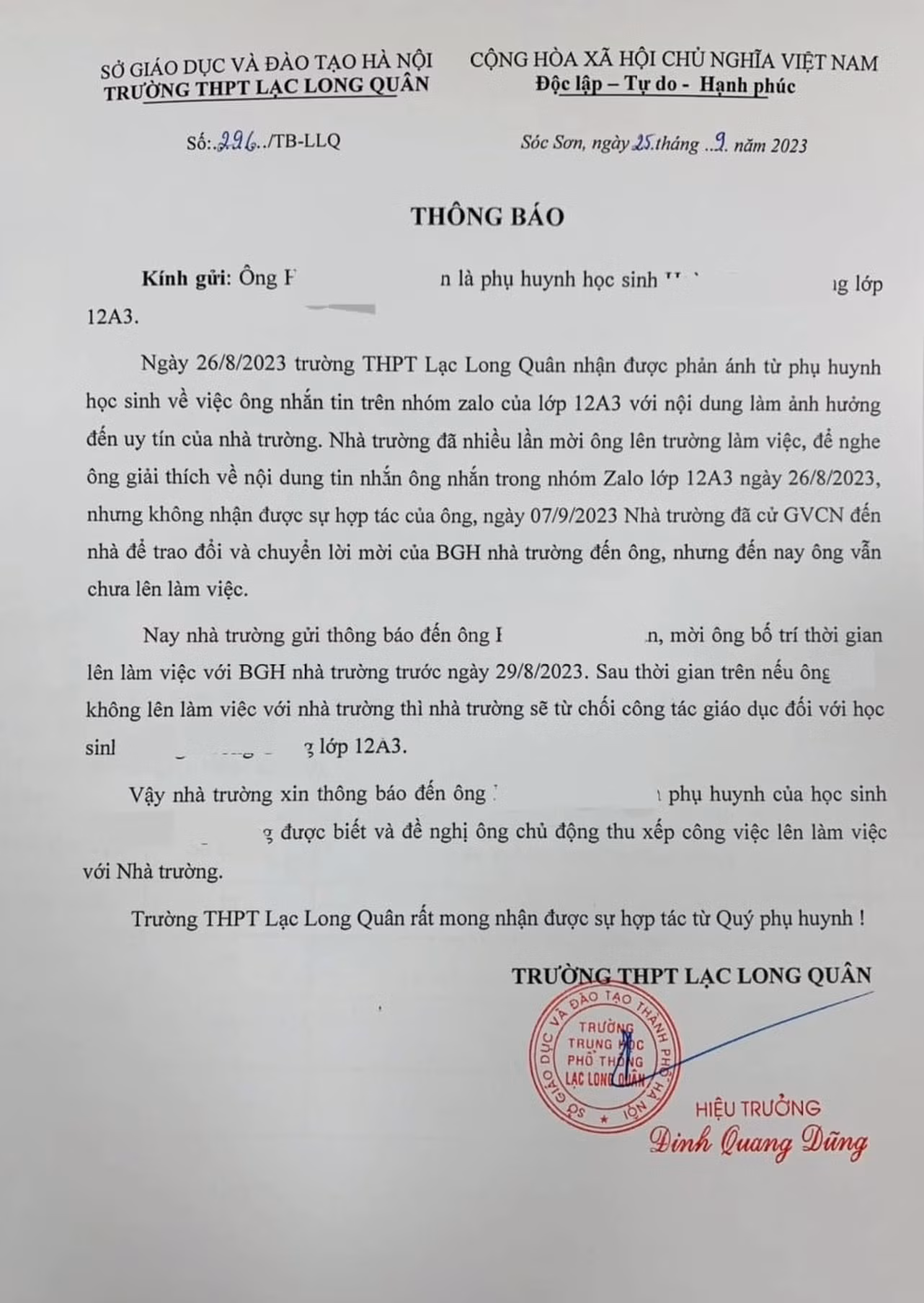 Văn bản thông báo gửi phụ huynh của Trường THPT Lạc Long Quân, Hà Nội.