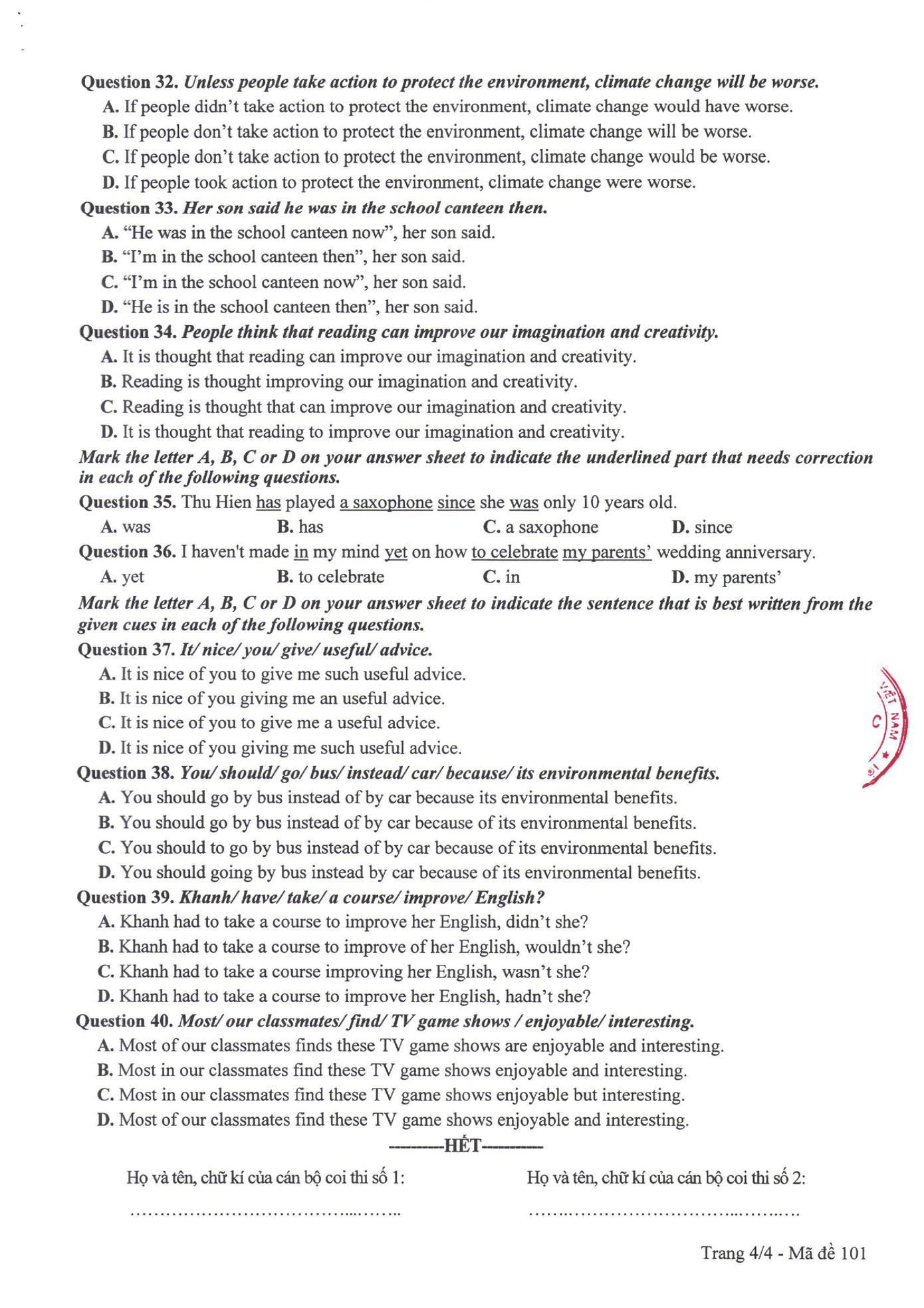 Đề thi môn tiếng Anh mã đề 101.