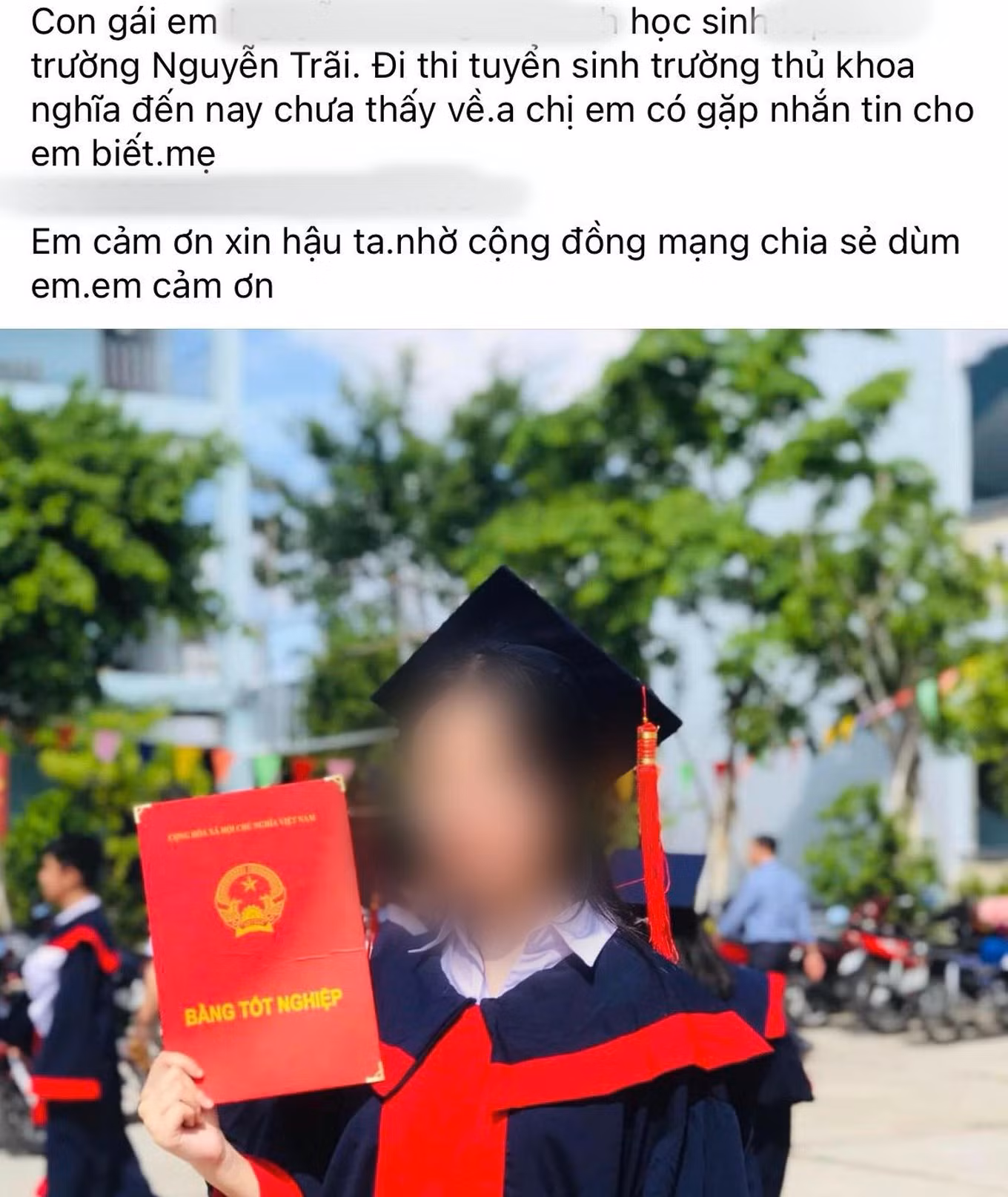 Bài đăng tìm kiếm nữ sinh đi thi lớp 10 nhưng không trở về nhà.