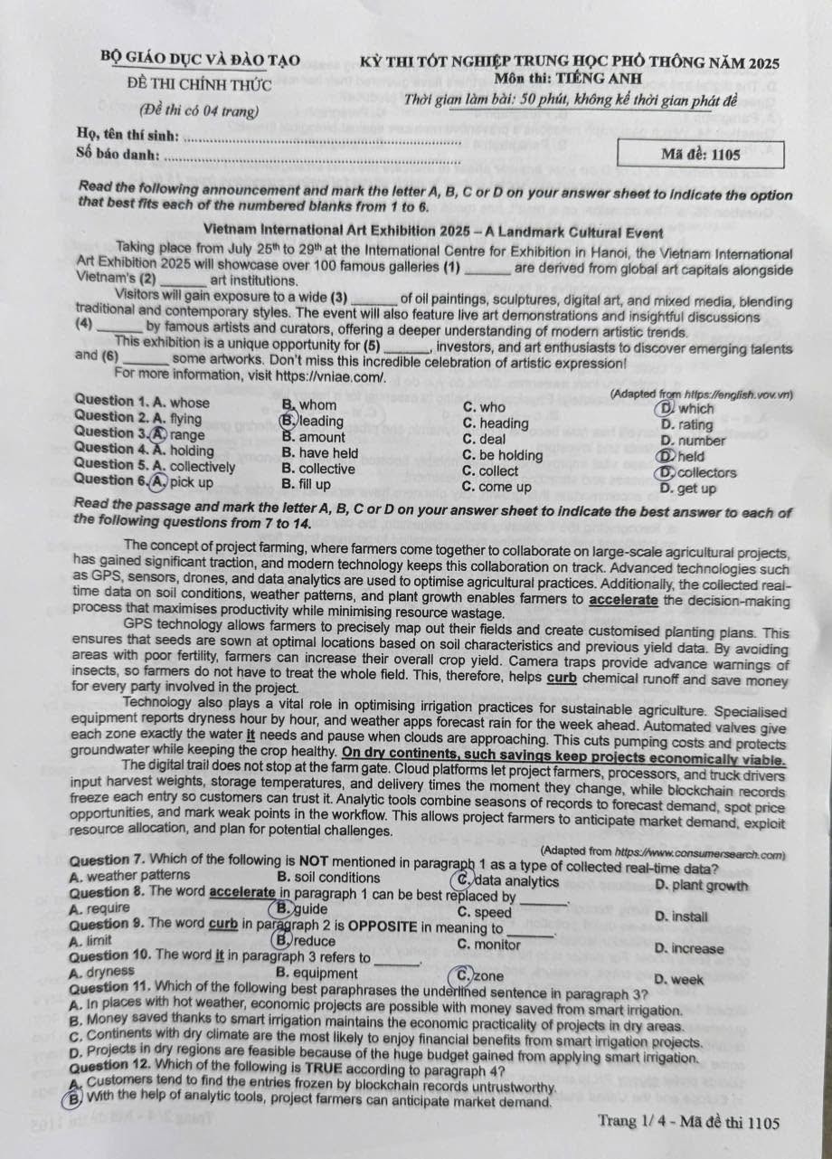 Đề thi môn tiếng Anh - mã đề 1105.