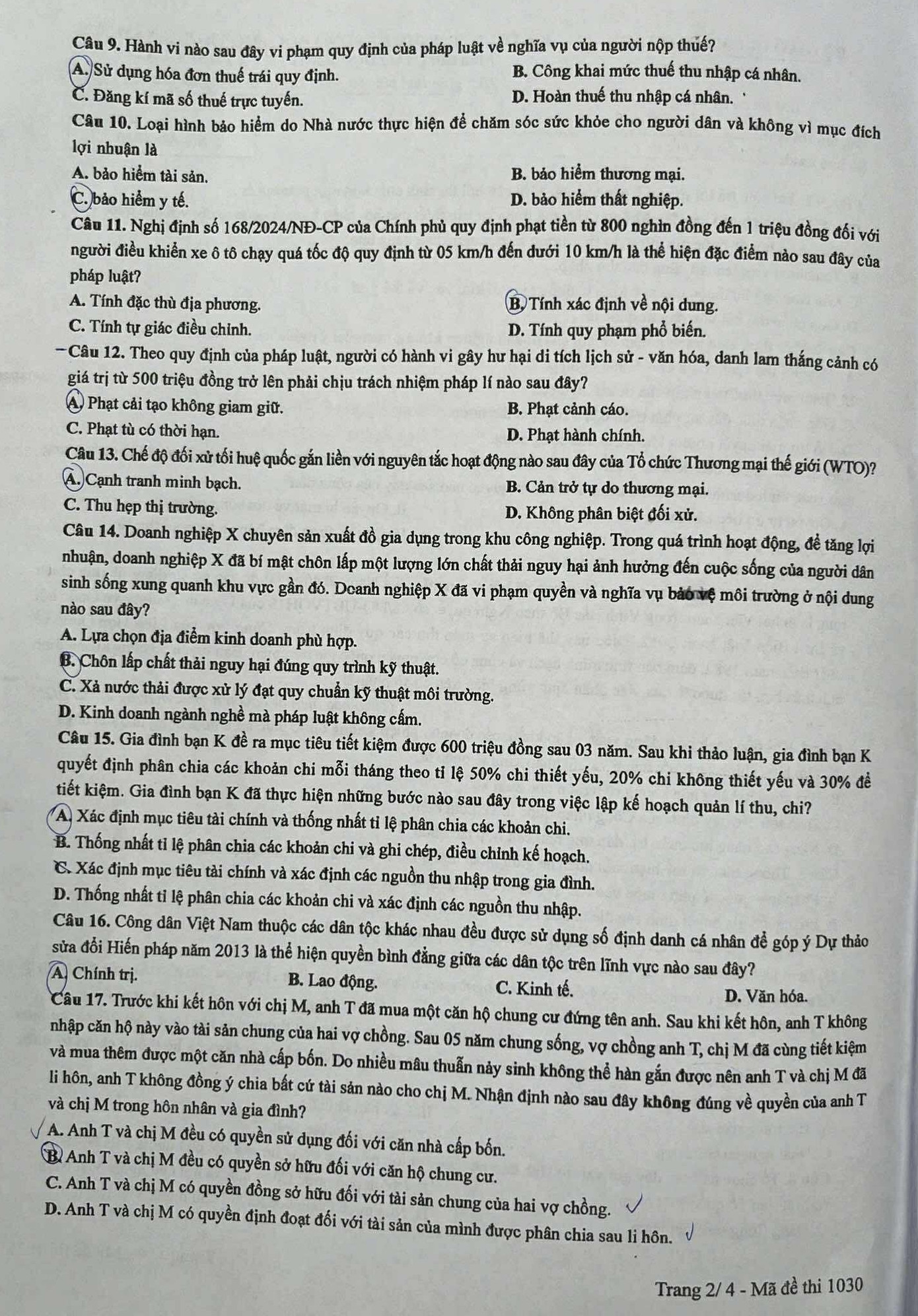 Đề thi môn Giáo dục Kinh tế - Pháp luật, mã đề 1030.