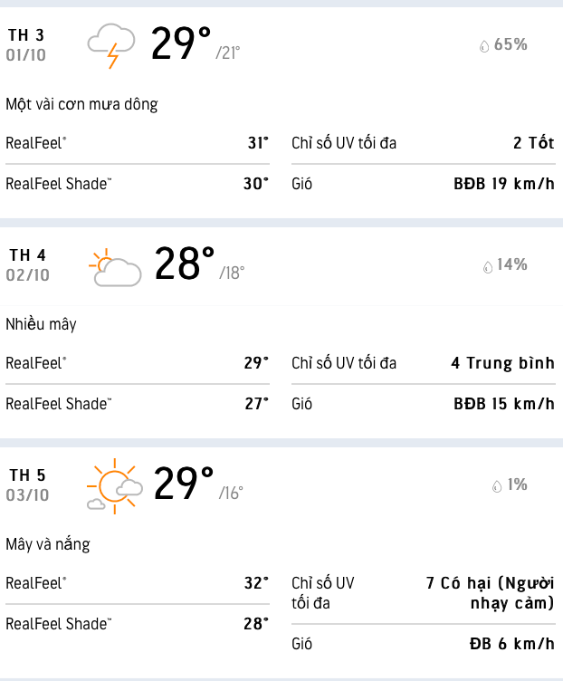 Dự báo nhiệt độ khu vực Hà Nội trong 3 ngày tới, cao nhất 29 độ C, thấp nhất 16 độ C vào ngày thứ Năm 3/10. Dự báo nhiệt độ khu vực Hà Nội trong 3 ngày tới, cao nhất 29 độ C, thấp nhất 16 độ C vào ngày thứ Năm 3/10.