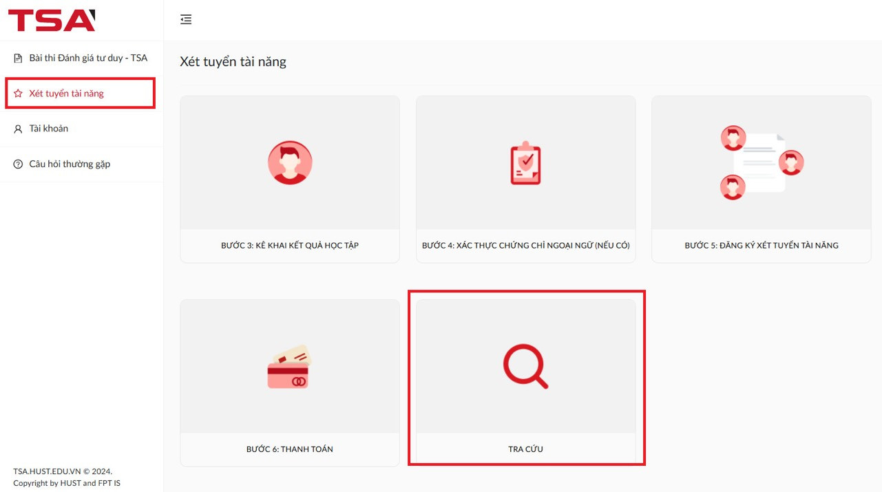 Các thí sinh xét tuyển tài năng đăng nhập tài khoản đăng ký, mục "TRA CỨU" để xem kết quả. Các thí sinh xét tuyển tài năng đăng nhập tài khoản đăng ký, mục "TRA CỨU" để xem kết quả.