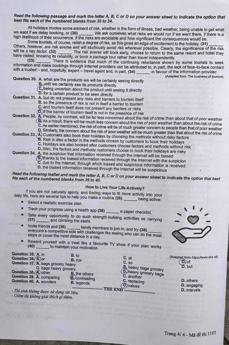 Đề thi môn tiếng Anh - mã đề 1105.