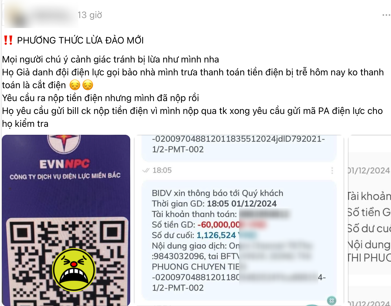 Một bài đăng trên MXH chia sẻ về việc bị kẻ xấu lừa đảo liên quan đến thanh toán tiền điện.