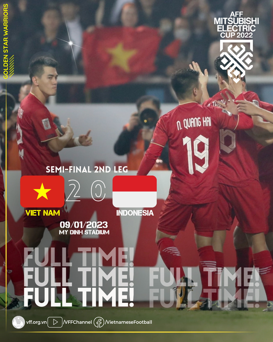ĐT Việt Nam thắng ĐT Indonesia với tổng tỷ số 2-0 sau hai lượt trận bán kết AFF Cup 2022. (Ảnh: VFF)