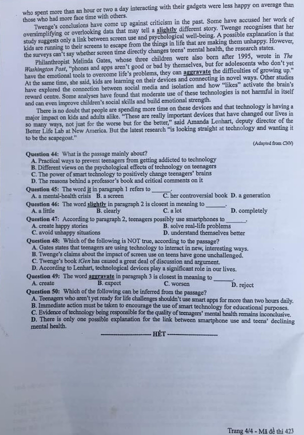 Đề thi tiếng Anh tốt nghiệp THPT 2024 mã đề 423.