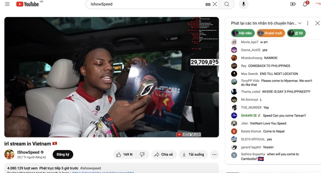 Buổi livestream của IshowSpeed tại Việt Nam thu hút sự quan tâm lớn của dân mạng. Buổi livestream của IshowSpeed tại Việt Nam thu hút sự quan tâm lớn của dân mạng.