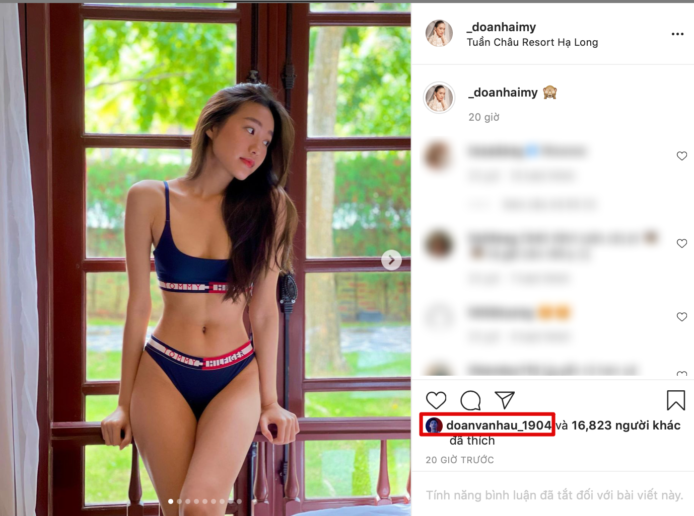 Đoàn Văn Hậu thả tim ảnh Doãn Hải My diện bikini.