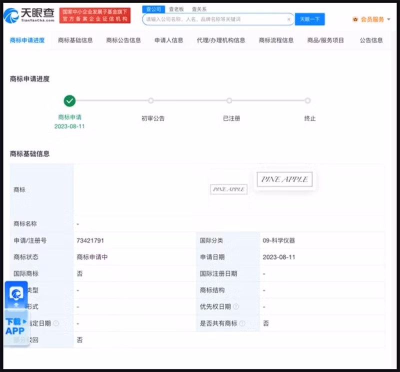 Trang web Tianyancha chia sẻ về việc Apple đăng ký nhãn hiệu mới Pine Apple. (Ảnh: Gizmochina)
