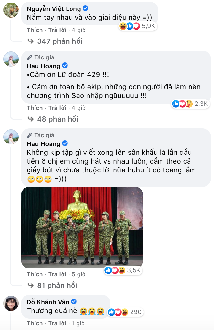 Bình luận của các thành viên "Sao Nhập Ngũ" 2020 dưới bài đăng.