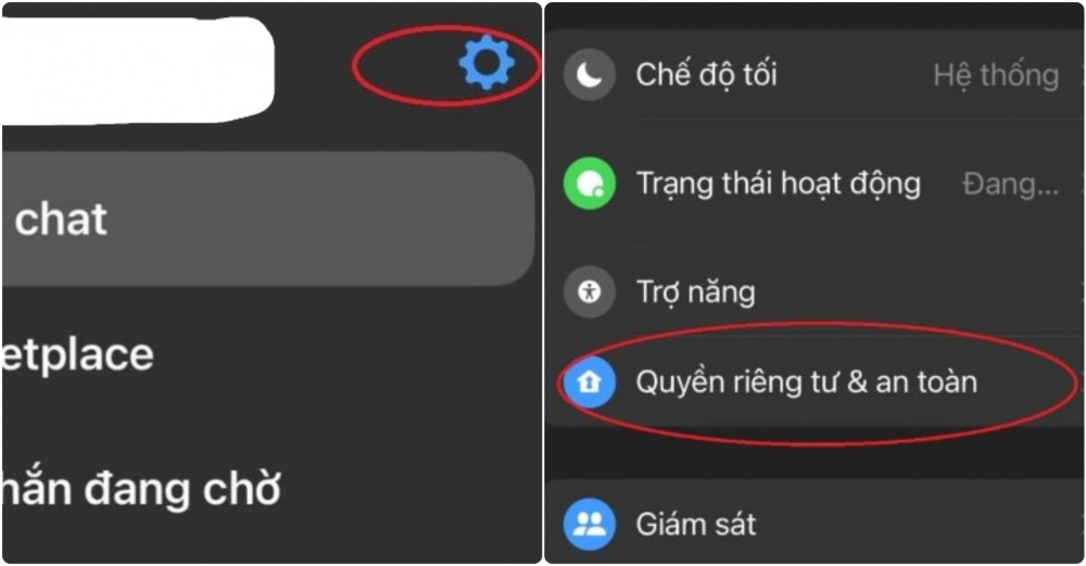 Truy cập vào hình răng cưa cài đặt và chọn Quyền riêng tư & an toàn trên Messenger. Truy cập vào hình răng cưa cài đặt và chọn Quyền riêng tư & an toàn trên Messenger.