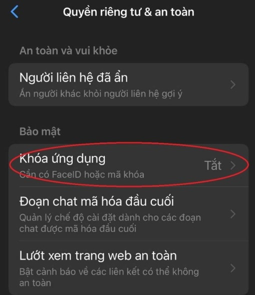 Chọn mục Khoá ứng dụng. Chọn mục Khoá ứng dụng.