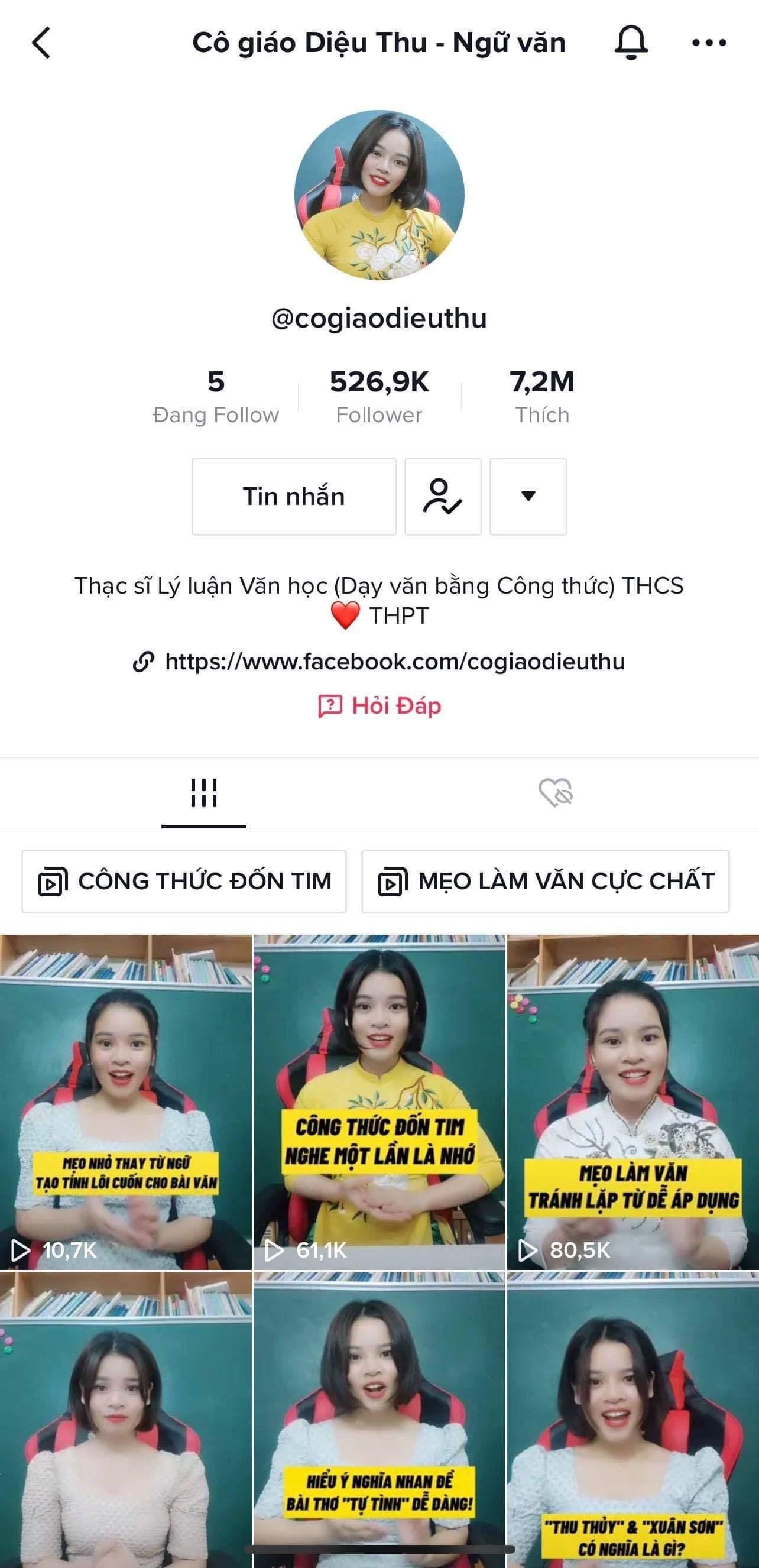 TikTok hơn nửa triệu người theo dõi của cô giáo trẻ Diệu Thu. TikTok hơn nửa triệu người theo dõi của cô giáo trẻ Diệu Thu.