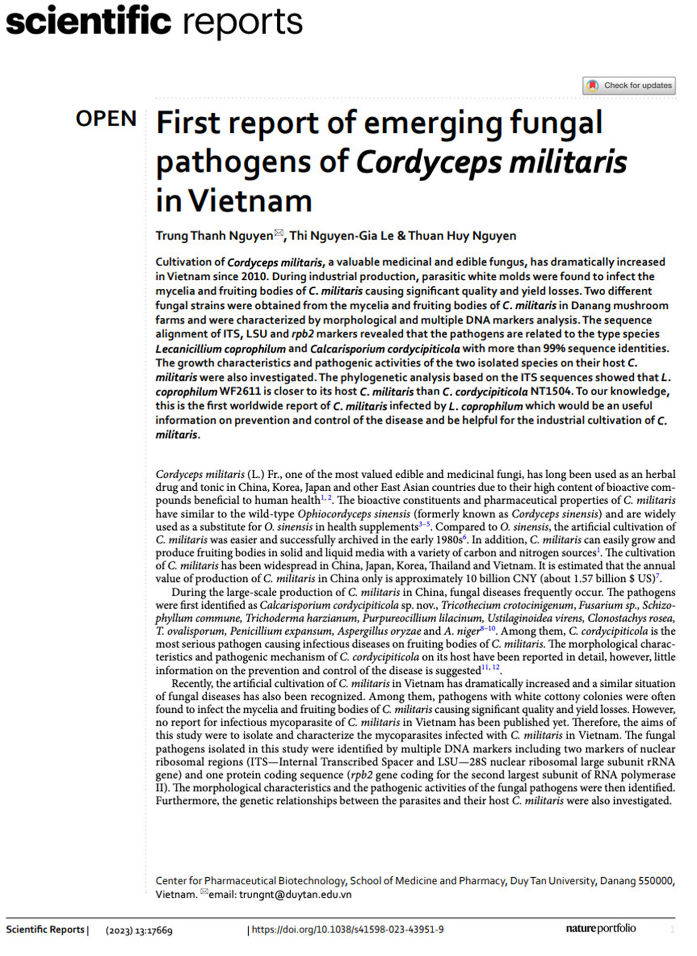 Bài báo của Gia Thi trên tạp chí Scientific Reports (Q1, IF=4.6) thuộc hệ thống Nature Portfolio