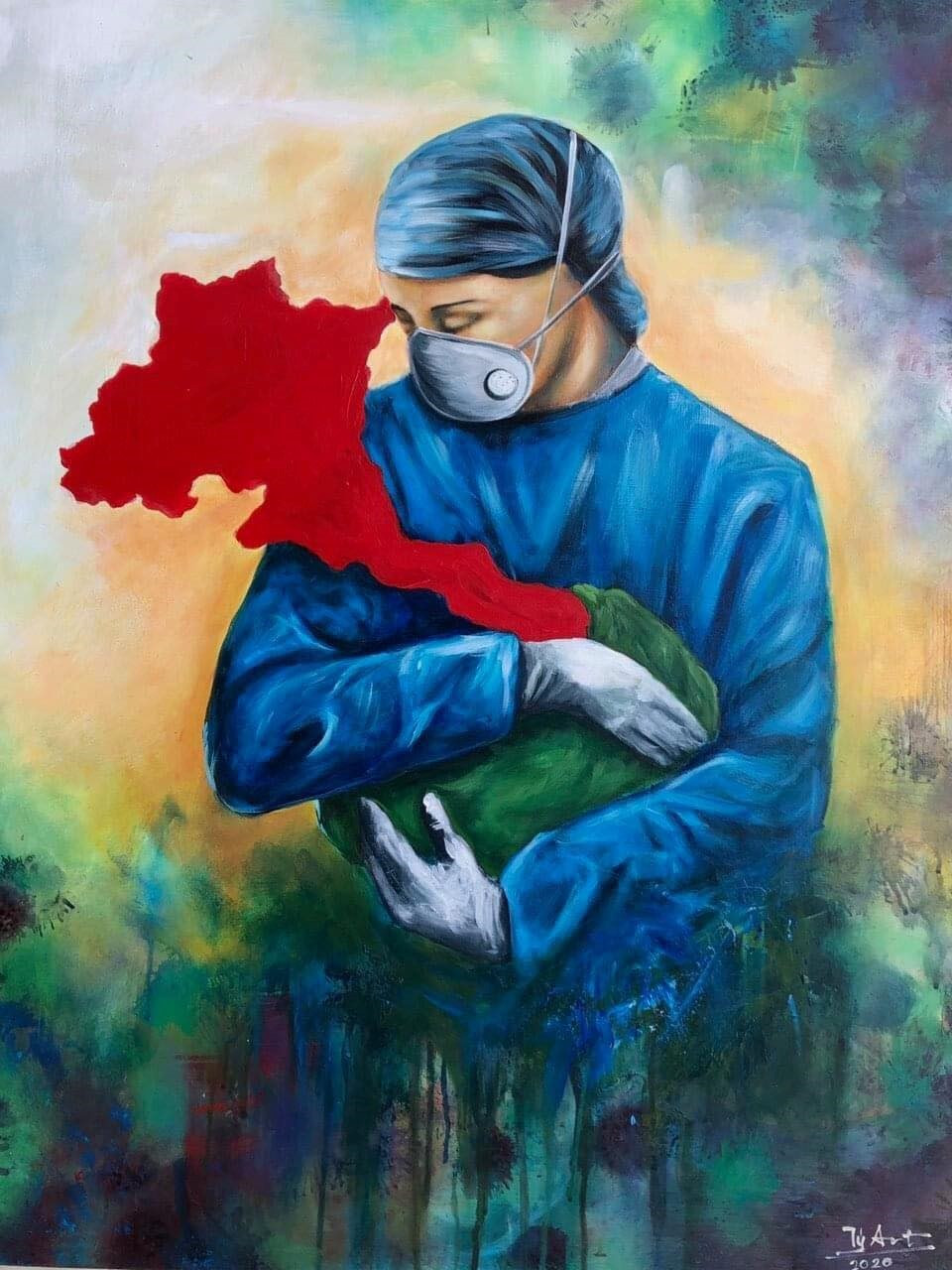 Năm 2020, bức tranh “Ôm trọn yêu thương” nhằm cảm tạ sự hy sinh thầm lặng của những y bác sĩ trong đợt dịch COVID-19 của Tý Quậy Nguyễn Thành Trung được bán đấu giá ủng hộ những người gặp khó khăn tại Đà Nẵng và xã miền núi Ninh Phước, huyện Nông Sơn, Quảng Nam. Ảnh: NVCC.