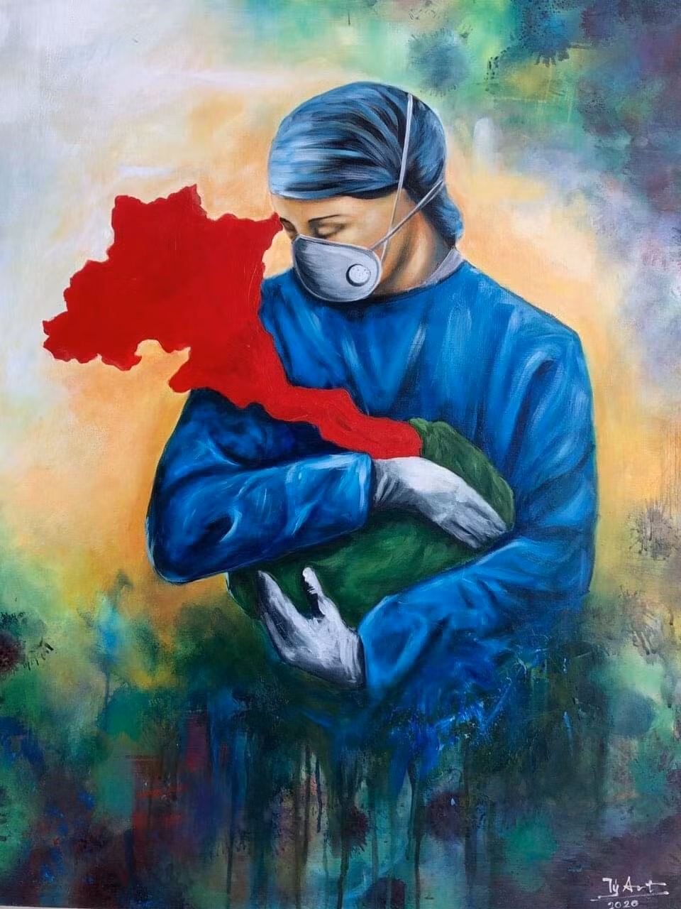 Năm 2020, bức tranh “Ôm trọn yêu thương” nhằm cảm tạ sự hy sinh thầm lặng của những y bác sĩ trong đợt dịch COVID-19 của Tý Quậy Nguyễn Thành Trung được bán đấu giá ủng hộ những người gặp khó khăn tại Đà Nẵng và xã miền núi Ninh Phước, huyện Nông Sơn, Quảng Nam. Ảnh: NVCC.