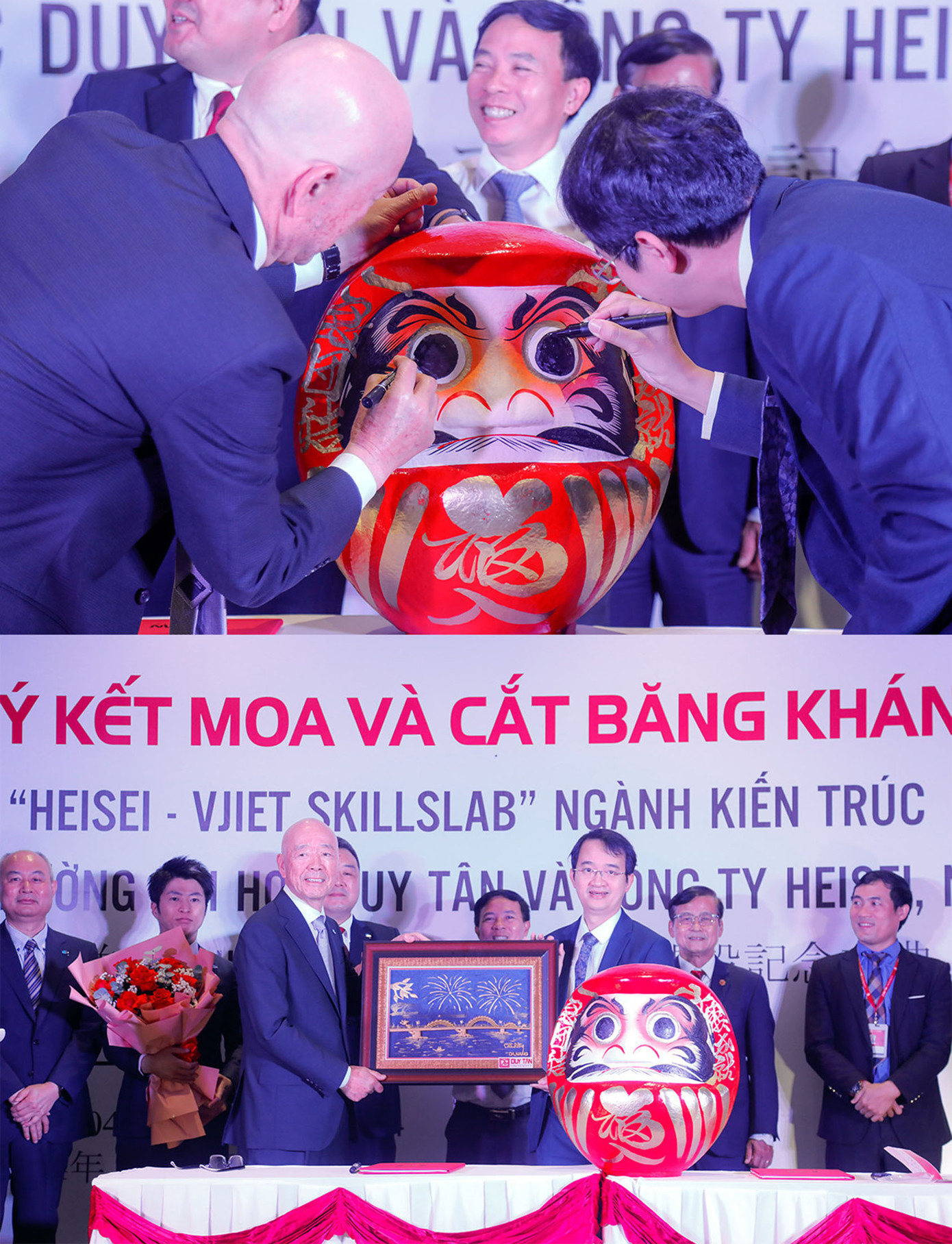 TS. Lê Nguyên Bảo và ông Kosaku Nishihara hoàn thành “khai nhãn” bức Mặt nạ truyền thống và trao tặng tác tranh cầu Rồng, Đà Nẵng