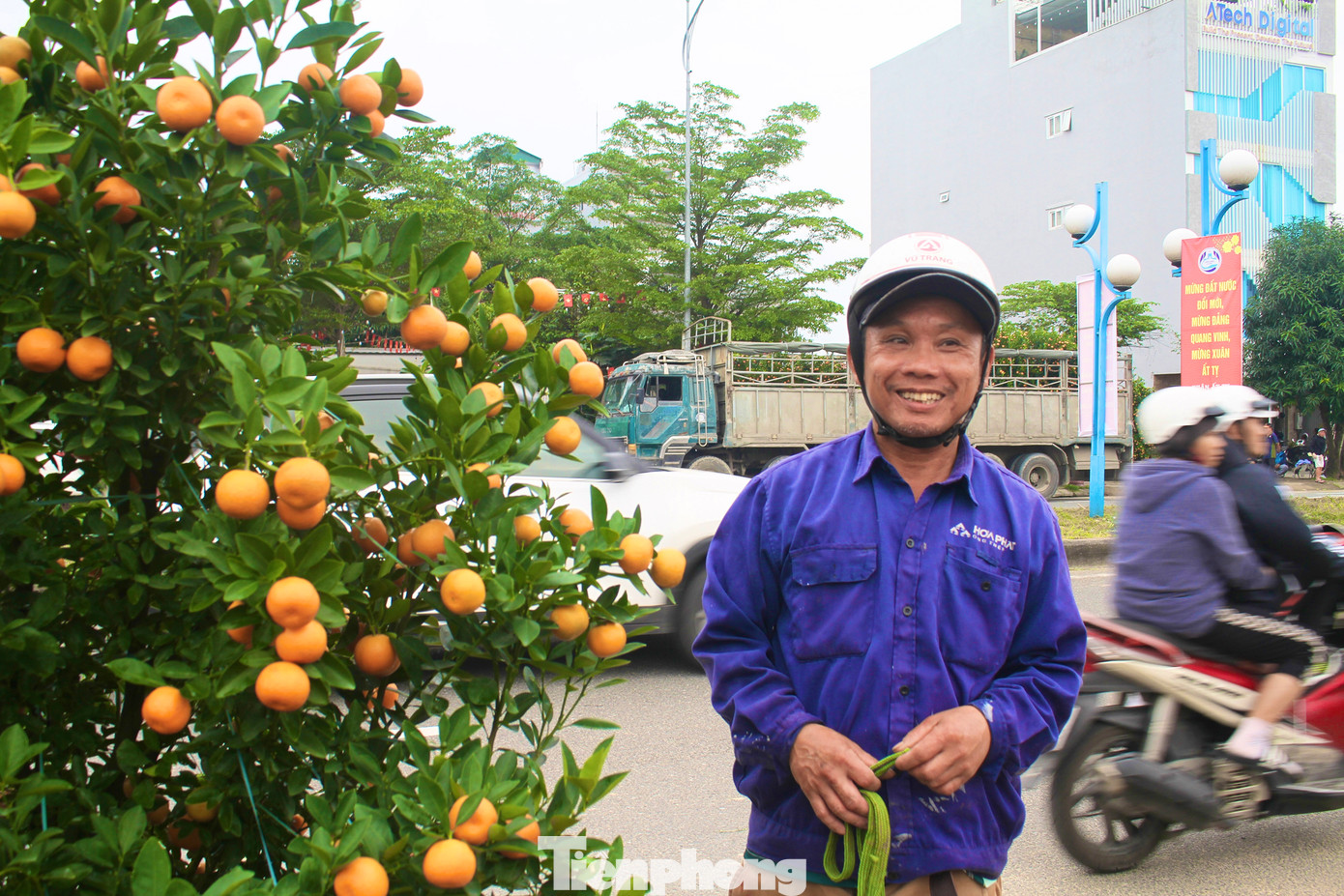 “Tôi bắt đầu công việc từ sáng sớm, ngồi chờ khách mua rồi thuê chở cây về. Phải đến tối, khi không còn ai mua nữa thì mới nghỉ”, ông Tăng tâm sự. Ảnh: Minh Hiền