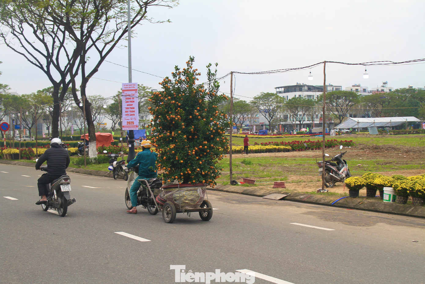 Càng cận Tết, nhu cầu mua hoa tăng cao, và đây là thời điểm dịch vụ vận chuyển hoa thuê “vào mùa”. Đối với những đơn hàng có số lượng lớn hoặc chậu hoa cỡ lớn, họ thường sử dụng xe kéo gắn sau xe máy để di chuyển dễ dàng hơn. Ảnh: Minh Hiền