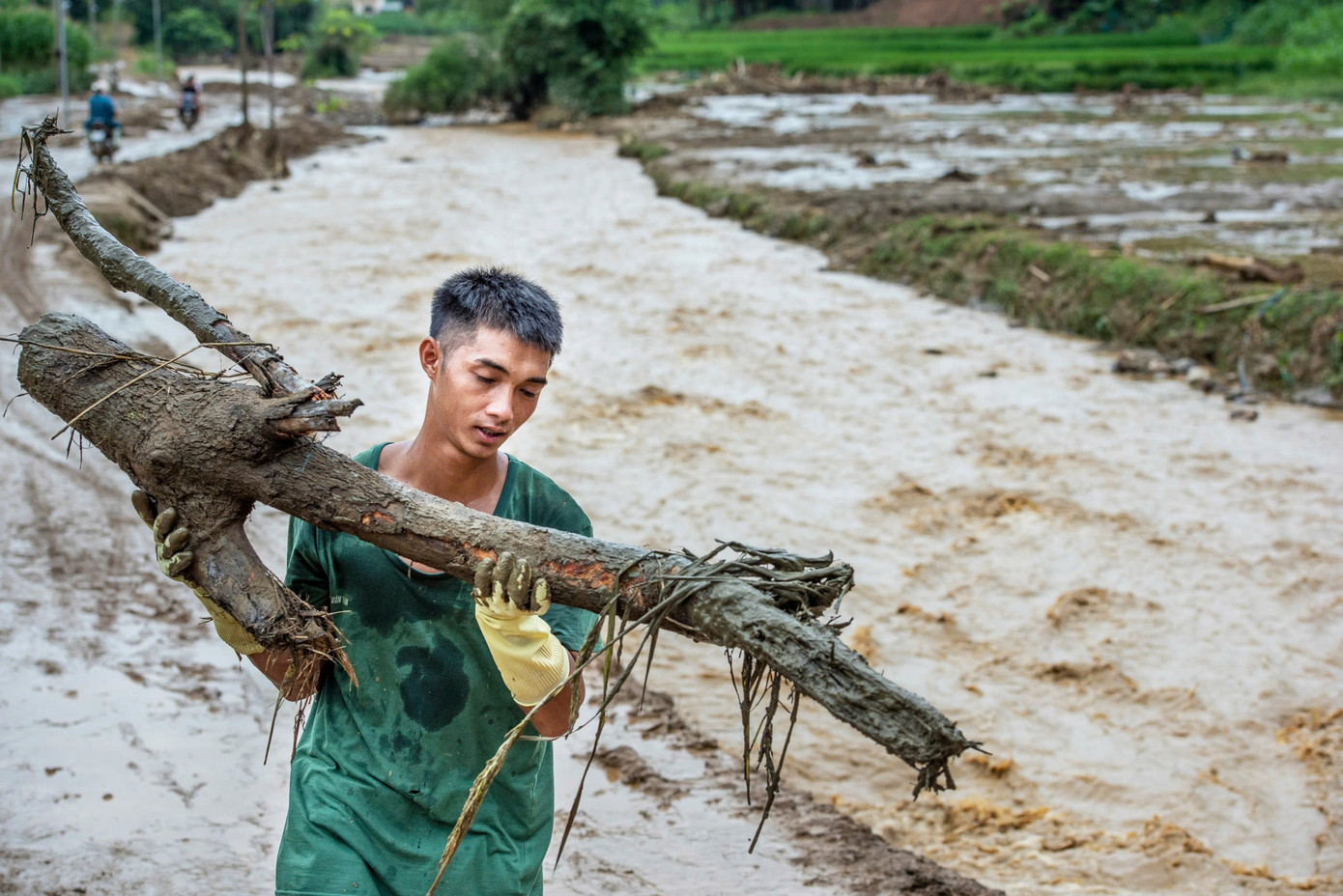 Để dọn ruộng, các chiến sĩ phải mang ủng cao tới sát bẹn, vì bùn vẫn ngập sâu. Ảnh: Văn Chương Để dọn ruộng, các chiến sĩ phải mang ủng cao tới sát bẹn, vì bùn vẫn ngập sâu. Ảnh: Văn Chương
