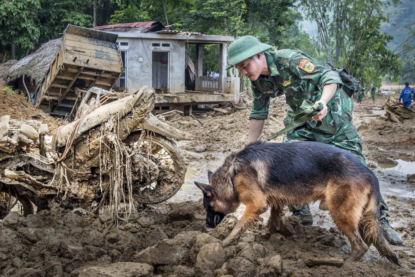 Thiếu tá Nguyễn Văn Hưởng với con Vát từng tham gia tìm kiếm các nạn nhân mất tích trong vụ động đất 6,2 độ richte ở Thổ Nhĩ Kỳ vào tháng 12/2023. Ảnh: Văn Chương Thiếu tá Nguyễn Văn Hưởng với con Vát từng tham gia tìm kiếm các nạn nhân mất tích trong vụ động đất 6,2 độ richte ở Thổ Nhĩ Kỳ vào tháng 12/2023. Ảnh: Văn Chương