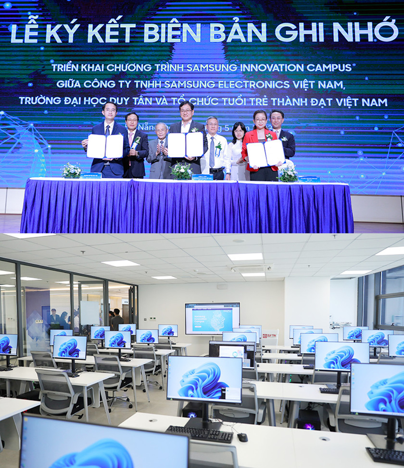 Các đơn vị cùng ký kết hợp tác (ảnh trên) và Samsung trao tặng ĐH Duy Tân Lab Máy tính cấu hình cao Các đơn vị cùng ký kết hợp tác (ảnh trên) và Samsung trao tặng ĐH Duy Tân Lab Máy tính cấu hình cao