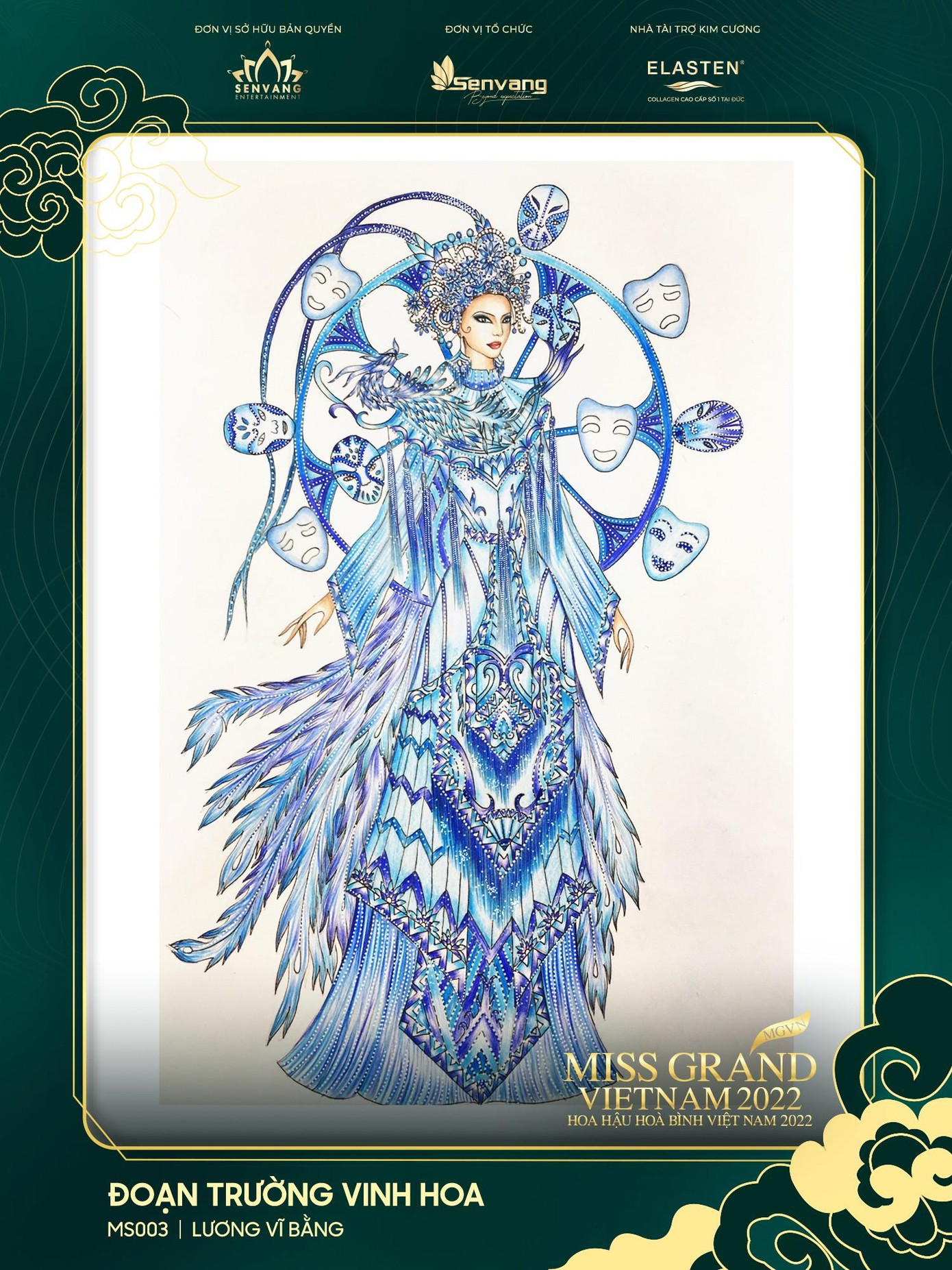 "Đoạn trường vinh hoa" lấy ý tưởng từ nghệ thuật sân khấu hát hồ quảng. Bộ trang phục được đính kết tinh tế trên nền hoa văn tinh xảo, gam màu tươi mát, bắt mắt. Bộ trang phục như một lời thương cảm cho thân phận người nghệ sĩ, khi bức màn nhung buông xuống, danh vọng tắt.