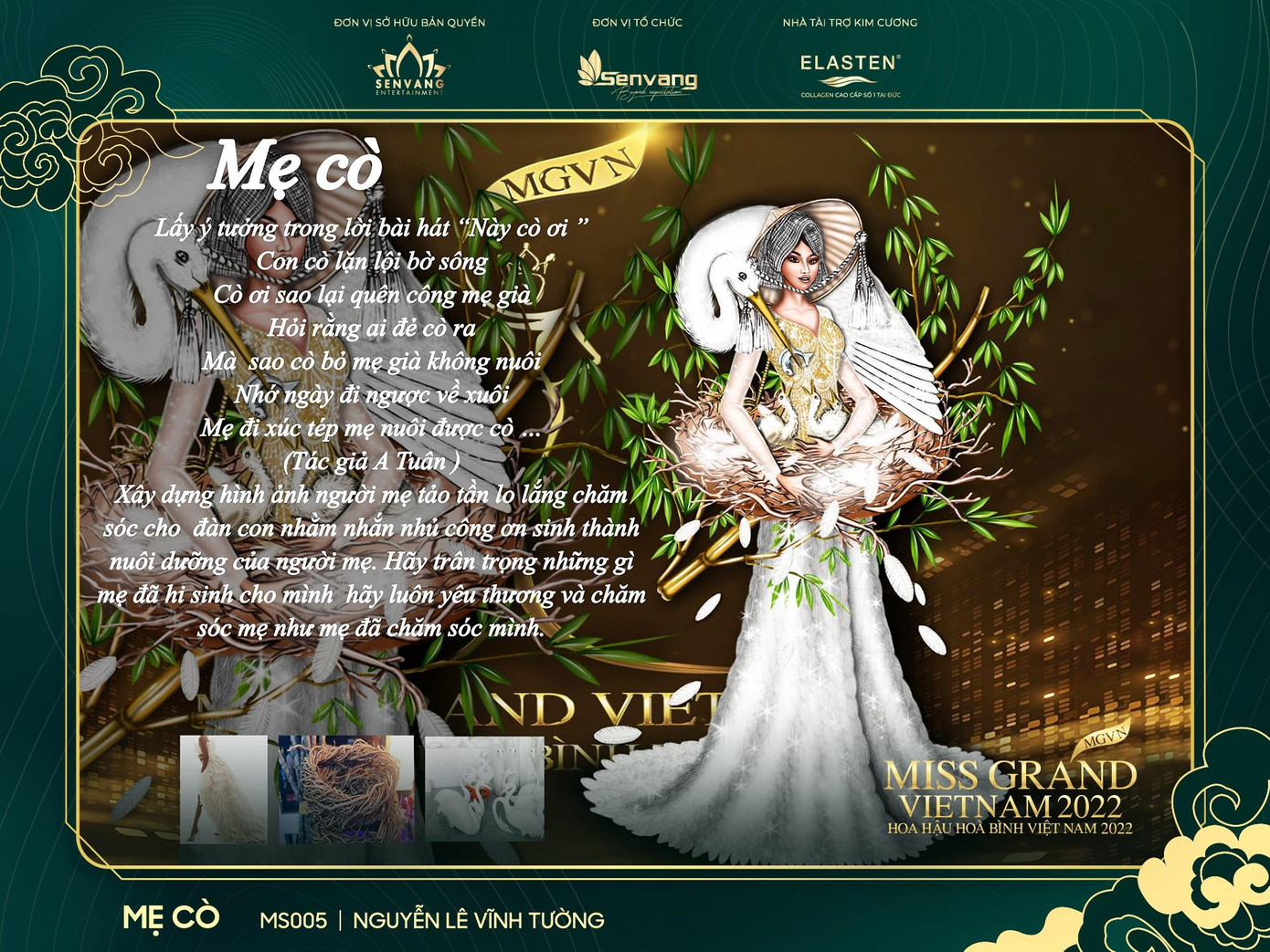 Tác phẩm "Mẹ cò" lấy cảm hứng từ hình ảnh người mẹ tảo tần lo lắng chăm sóc cho đàn con, nhằm nhắn nhủ công ơn sinh thành nuôi dưỡng của người mẹ. Hãy trân trọng những gì mẹ đã hi sinh cho mình hãy luôn yêu thương và chăm sóc mẹ như mẹ đã chăm sóc mình.