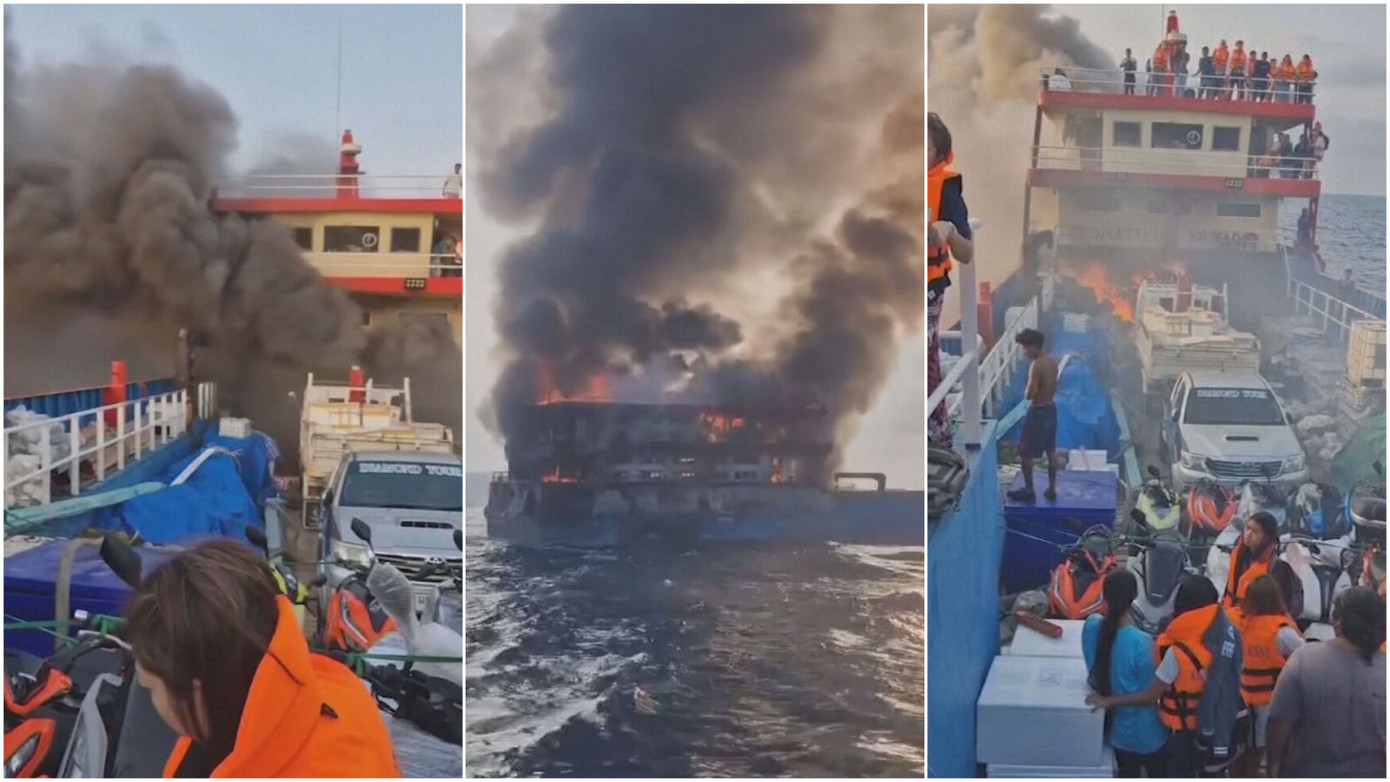 Du khách hoảng loạn chứng kiến chiếc phà bị nhấn chìm trong biển lửa.
