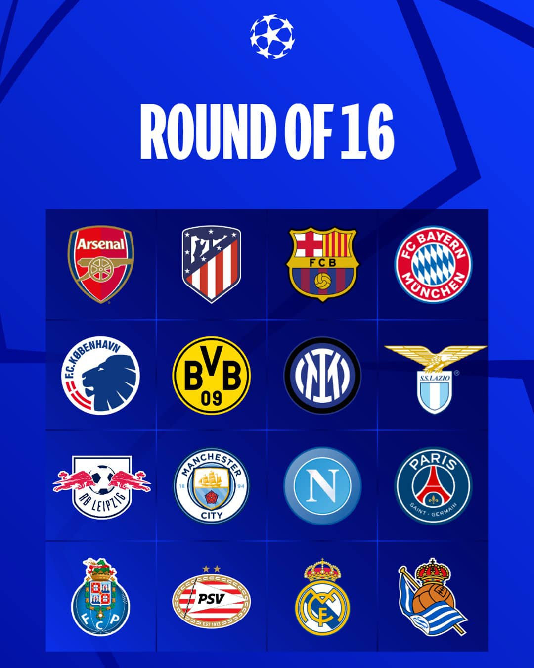 16 đội bóng có mặt ở vòng knock-out UEFA Champions League. 16 đội bóng có mặt ở vòng knock-out UEFA Champions League.