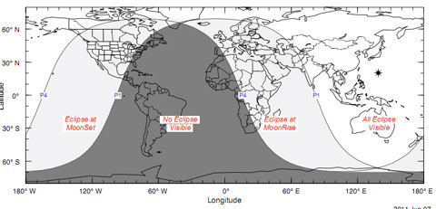 Khu vực quan sát được hiện tượng nửa tối trên thế giới. Dòng chữ đỏ từ trái sang phải: nguyệt thực lúc trăng lên, vùng không quan sát được, nguyệt thực lúc trăng mọc, toàn bộ nguyệt thực nhìn thấy được. Ảnh: NASA Khu vực quan sát được hiện tượng nửa tối trên thế giới. Dòng chữ đỏ từ trái sang phải: nguyệt thực lúc trăng lên, vùng không quan sát được, nguyệt thực lúc trăng mọc, toàn bộ nguyệt thực nhìn thấy được