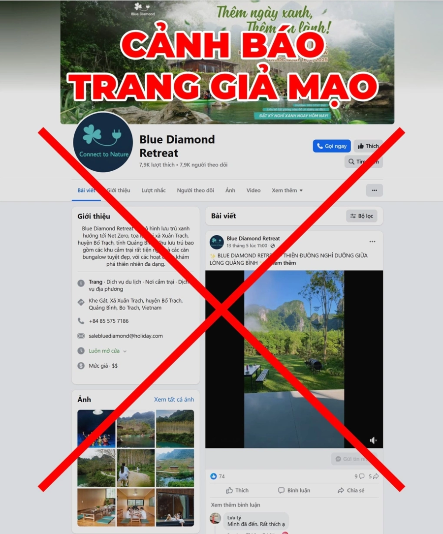 Fanpage giả mạo khu nghỉ dưỡng.