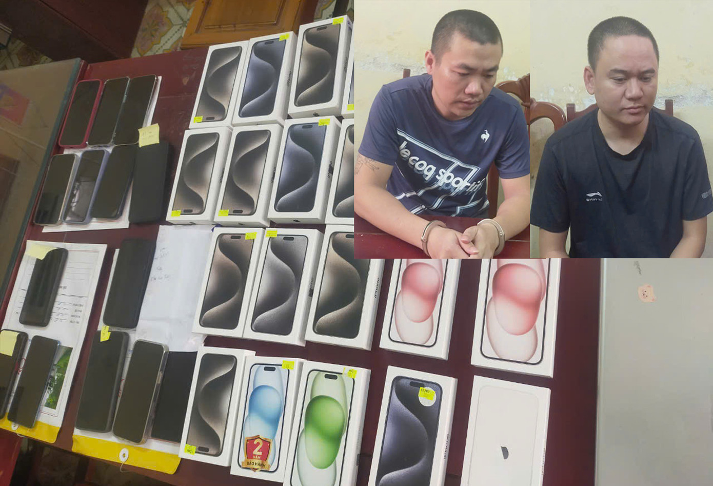 Các đối tượng Ngụy Phan Kiên, Trần Hoàng Minh và hàng chục chiếc điện thoại đắt tiền là tang vật thu giữ trong vụ án Các đối tượng Ngụy Phan Kiên, Trần Hoàng Minh và hàng chục chiếc điện thoại đắt tiền là tang vật thu giữ trong vụ án