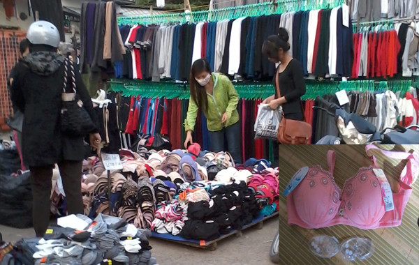 Đồ lót mang nhãn mác TQ bán la liệt tại các chợ ở Hà Nội (ảnh lớn), trong đó có áo có chất lạ (ảnh nhỏ)