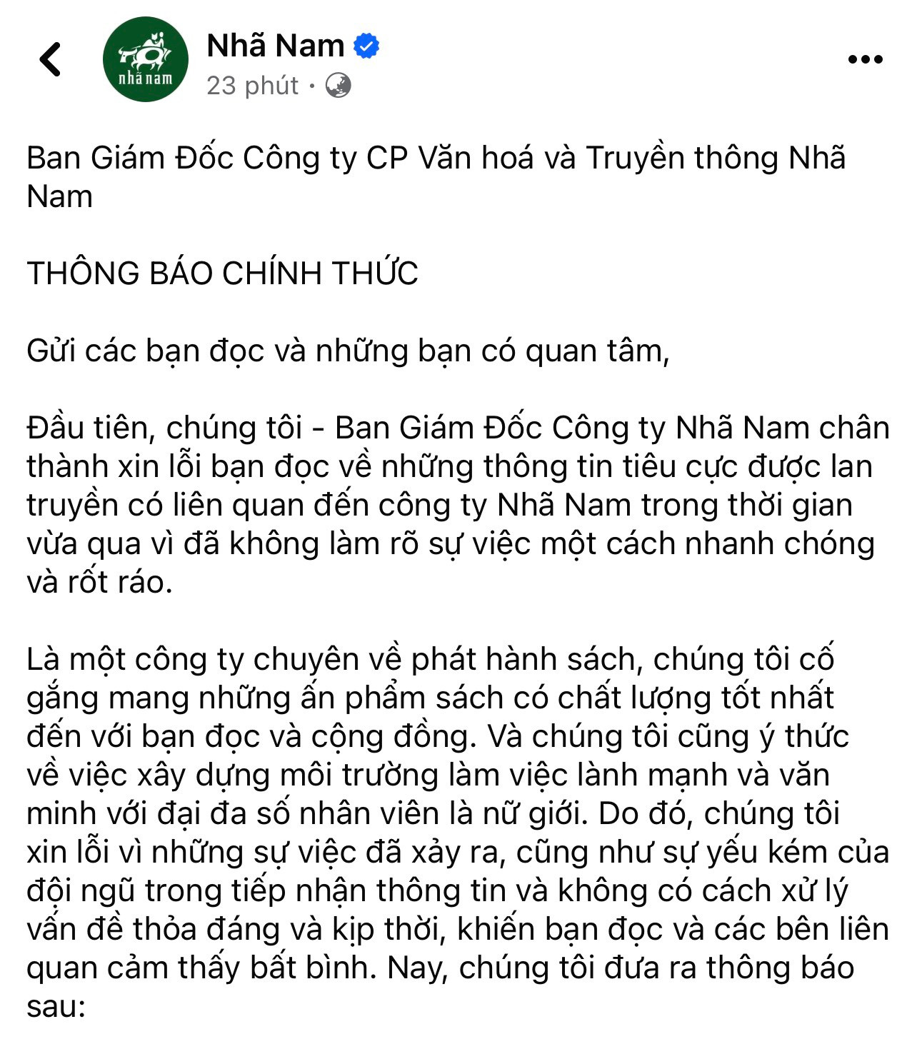 Bài đăng mới nhất trên Facebook của công ty Nhã Nam về ồn ào của Tổng giám đốc Nguyễn Nhật Anh. Bài đăng mới nhất trên Facebook của công ty Nhã Nam về ồn ào của Tổng giám đốc Nguyễn Nhật Anh.