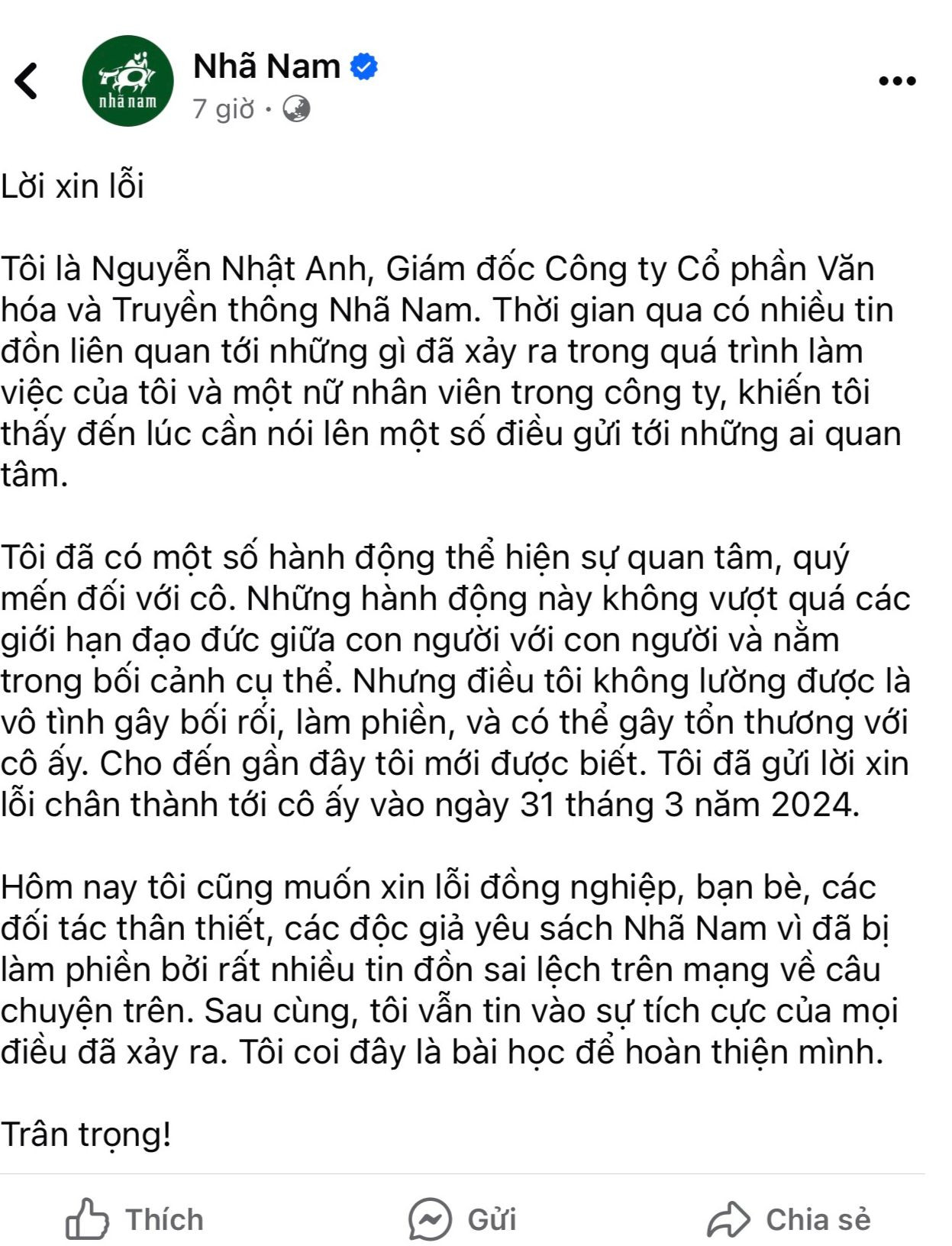 Nội dung lời xin lỗi của Giám đốc cty sách Nhã Nam. Nội dung lời xin lỗi của Giám đốc cty sách Nhã Nam.