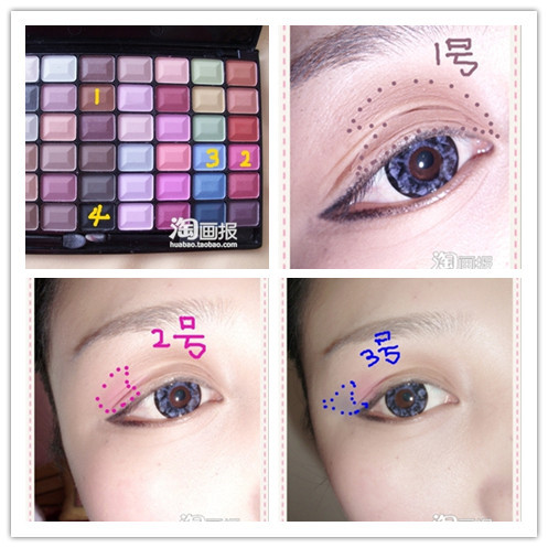 Bạn chỉ phần viền mắt phía ngoài thôi nhé. Chọn các tone màu như trên hình và đánh theo thứ tự vào những vùng trên mắt. Gắn mi giả cho cả mi trên và mi dưới. Cuối cùng là phấn bột lấp lánh vào hai khóe mắt để đôi mắt thêm nổi bật vào buổi tối.