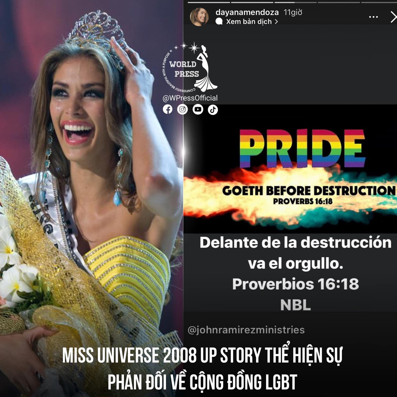 Dayana Mendoza bị chỉ trích vì bị cho là có hàm ý chỉ trích cộng đồng LGBT. Dayana Mendoza bị chỉ trích vì bị cho là có hàm ý chỉ trích cộng đồng LGBT.