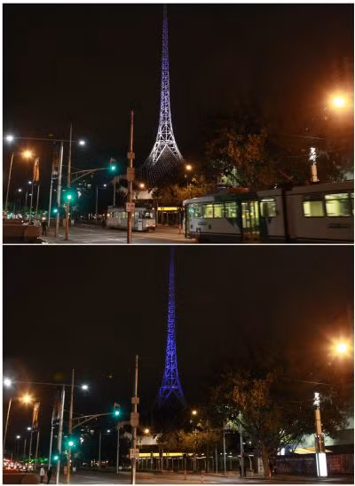 Trung tâm Nghệ thuật Melbourne (Australia) trước và sau khi tắt đèn hưởng ứng Giờ Trái đất trong tối 26 -3 2011. Trung tâm Nghệ thuật Melbourne (Australia) trước và sau khi tắt đèn hưởng ứng Giờ Trái đất trong tối 26 -3 2011.