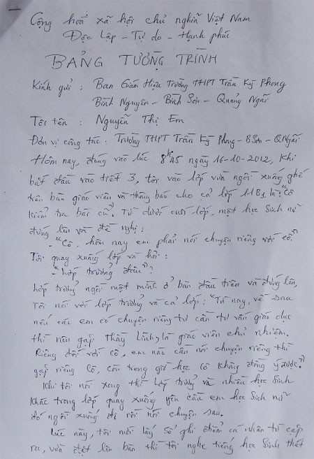 Bản tường trình của cô giáo Em