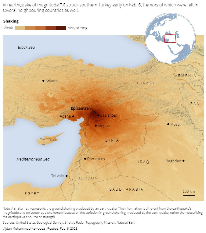 Trận động đất sáng sớm 6/2 có tâm chấn nằm ở vùng biên Thổ Nhĩ Kỳ, giáp Syria. Ảnh: Reuters