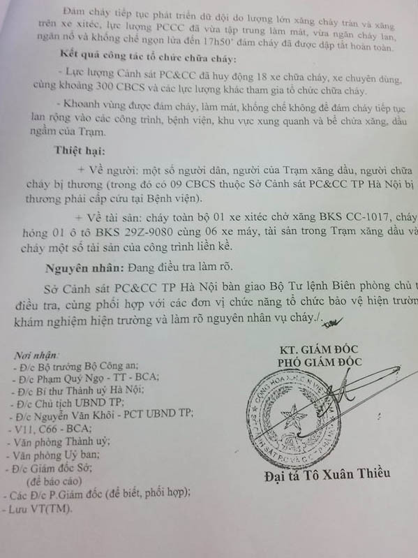 Báo cáo chữa cháy của Sở CS PC&CC Hà Nội