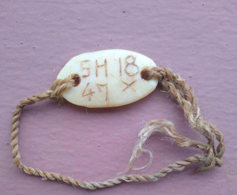 Biển nhỏ đeo tay làm bằng nhựa có dòng chữ “SH-18-47X” được tìm thấy cùng hài cốt liệt sĩ ở độ sâu 1 m tai khu vực Xa Re. Ảnh: Võ Đông Biển nhỏ đeo tay làm bằng nhựa có dòng chữ “SH-18-47X” được tìm thấy cùng hài cốt liệt sĩ ở độ sâu 1 m tai khu vực Xa Re. Ảnh: Võ Đông