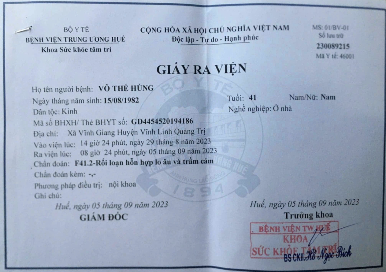 Đối tượng Võ Thế Hùng từng bị mắc bệnh lý F41.2 - Rối loạn hồi hộp lo âu và trầm cảm, và được Bệnh viện Trung ương Huế cho xuất viện vào ngày 5/9/2023. Đây là bệnh lý được xem là đặc biệt nguy hiểm