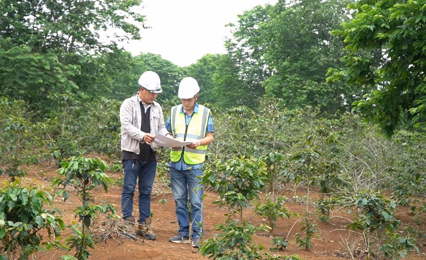 Cán bộ Công ty Cổ phần LIG - Hướng Hóa 1 kiểm tra hiện trạng mặt bằng thực hiện dự án tại xã Hướng Tân, huyện Hướng Hóa, tỉnh Quảng Trị. Ảnh: Hưng Lâm