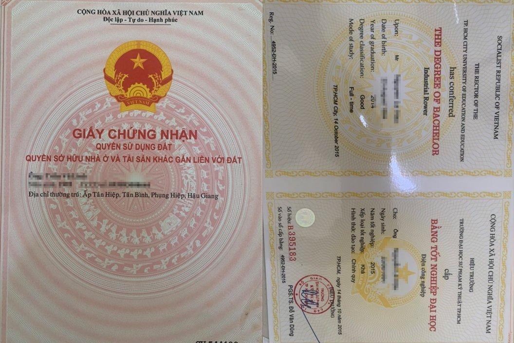 Giấy tờ, bằng cấp giả được lực lượng chức năng thu giữ.