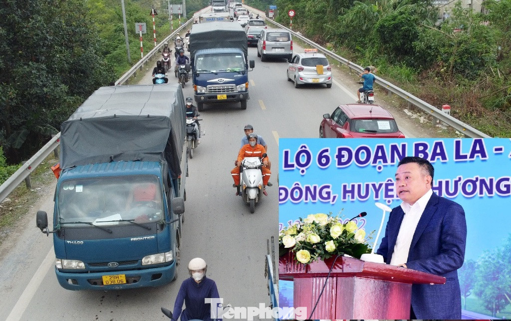 Tại lễ khởi công, Chủ tịch UBND thành phố Hà Nội Trần Sỹ Thanh (ảnh nhỏ) nhấn mạnh, đây là dự án trọng điểm, cần đẩy nhanh thi công để giảm ùn tắc, hoàn thiện hạ tầng tại khu vực phía Tây Thủ đô.